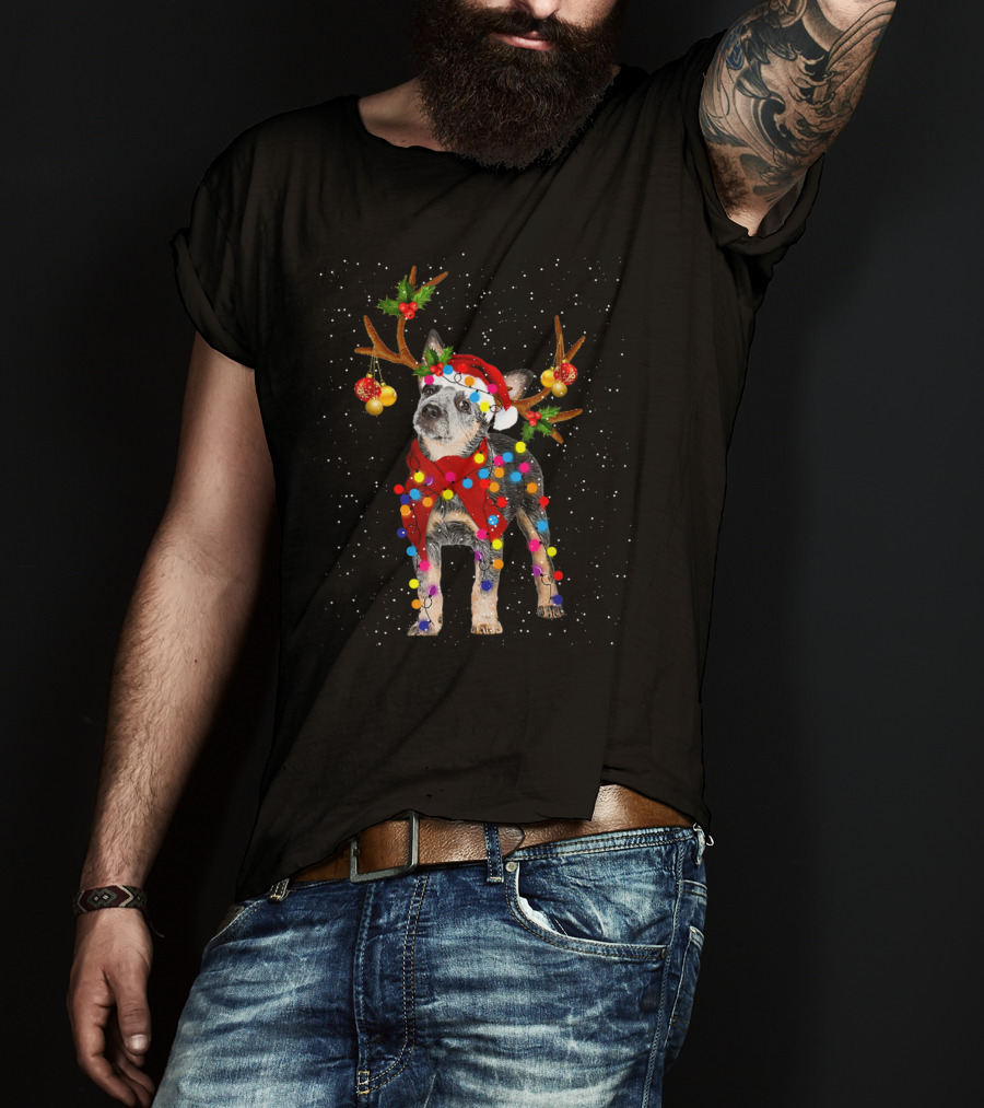 Heeler Dog In Santa Hat With Reindeer Antlers Christmas Lights Snowflakes T-Shirt
