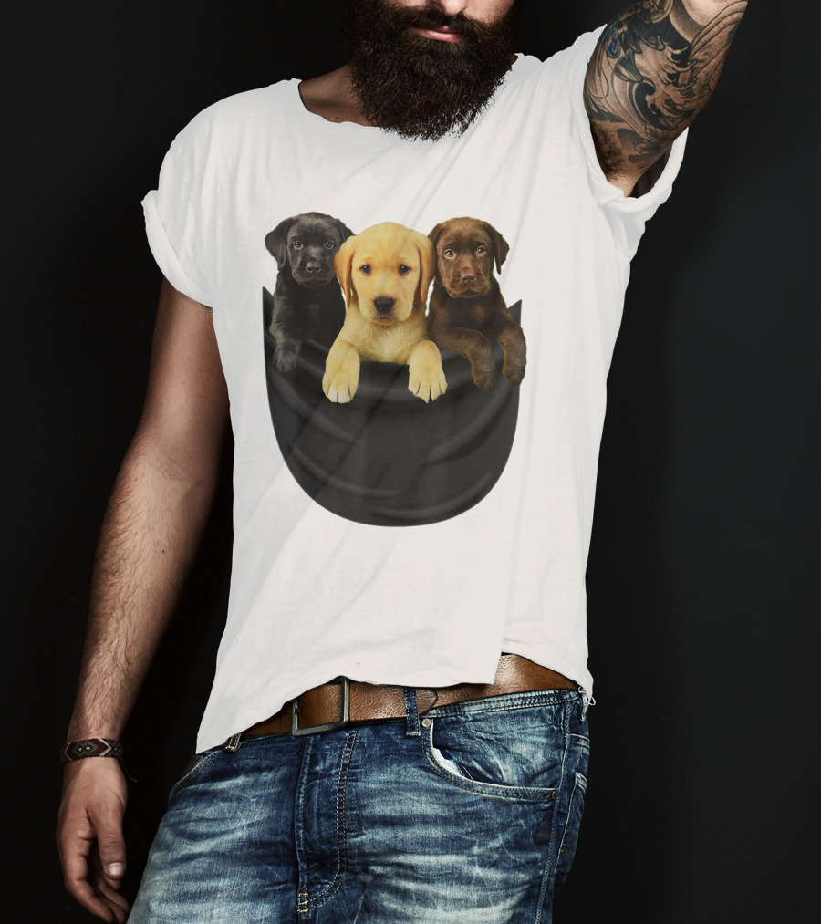 Labrador Retriever Puppy Trio In Big Black Pocket Dog T-Shirt