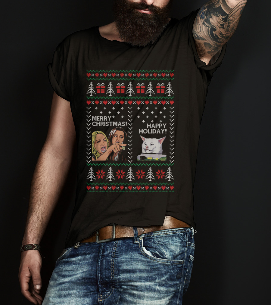 Merry Christmas Happy Holiday Woman Yelling Confused Cat Meme Christmas Trees Gifts Snowflakes T-Shirt