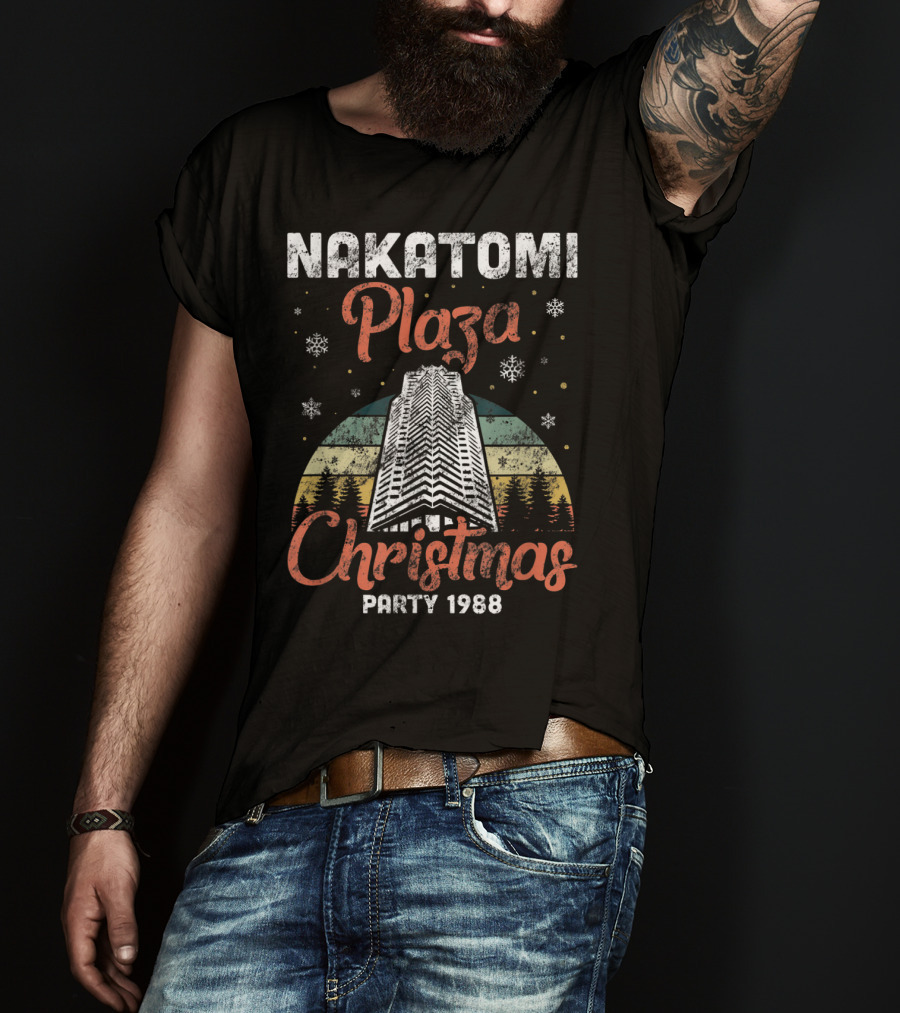 Nakatomi Plaza Christmas Party 1988 Holiday Retro Snowflakes Forest Scene T-Shirt
