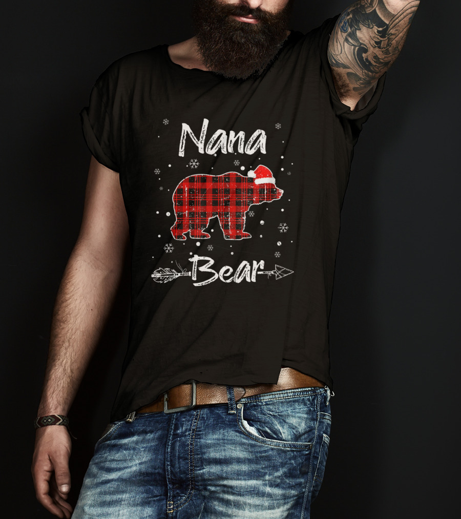 Nana Bear Christmas Red Plaid Santa Hat Snowflakes Arrow T-Shirt