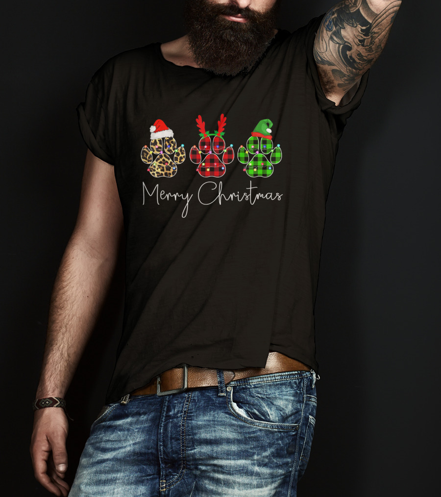 Merry Christmas Leopard Reindeer Elf Paw Dogs T-Shirt