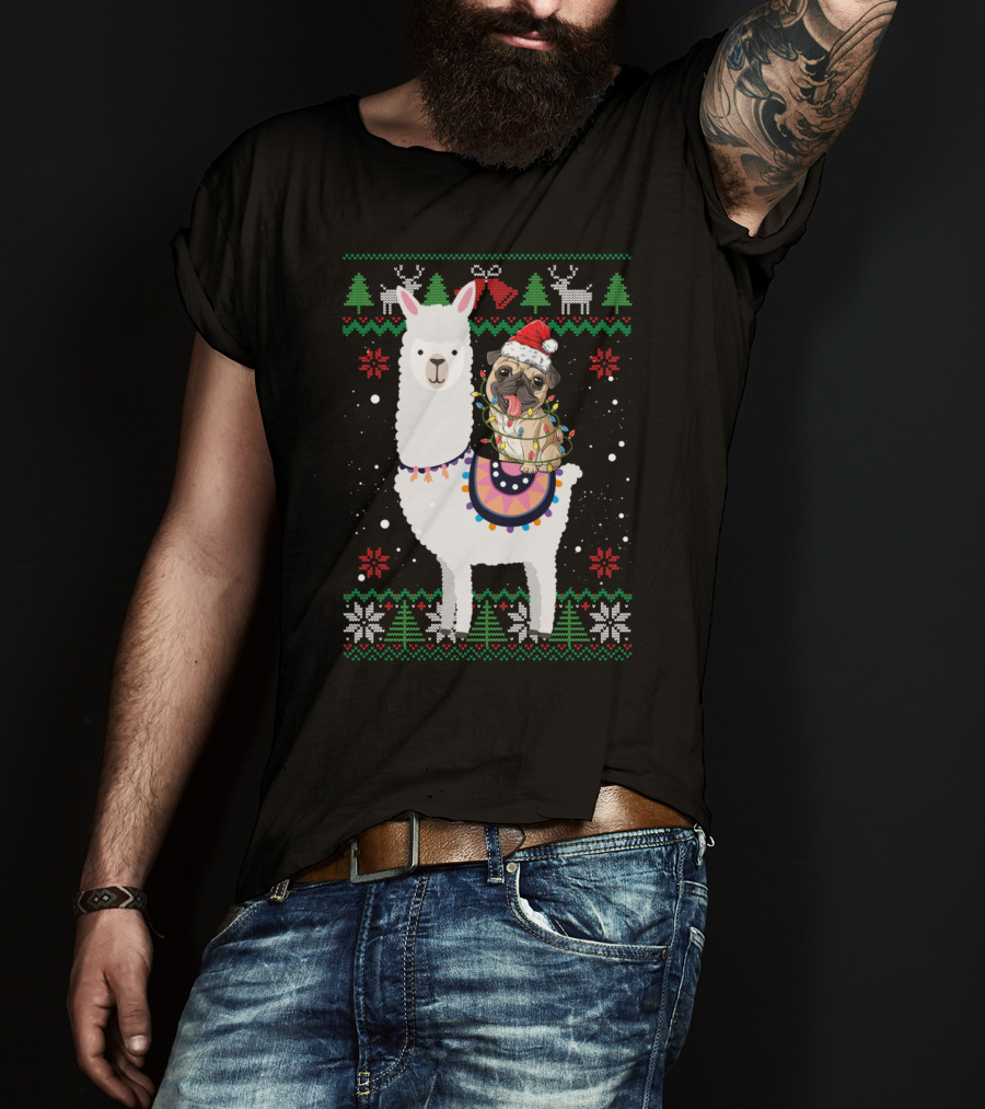 Christmas Pug Riding Llama With Santa Hat And Lights T-Shirt