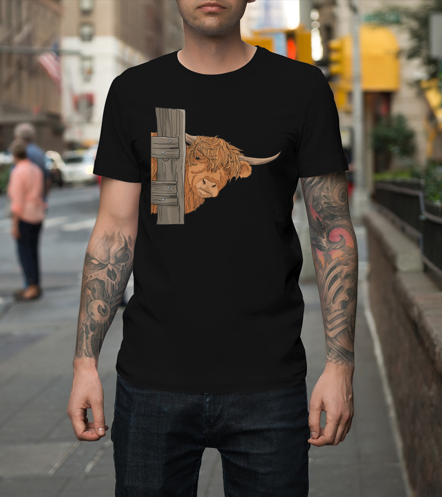 Scottish Highland Cow Spirit Animal Peeking Behind Wooden Fence T-Shirt