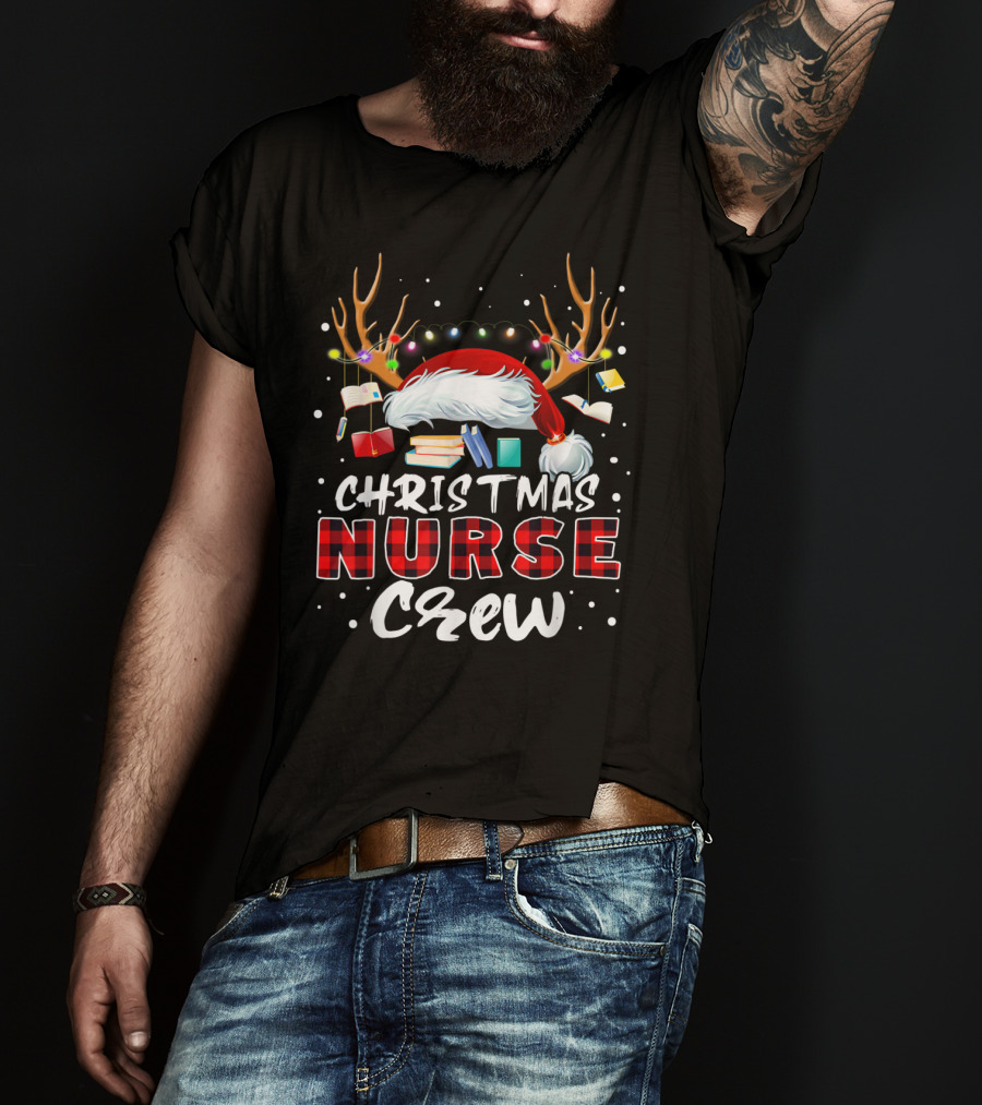 Christmas Nurse Crew RN LPN Santa Hat Reindeer Holiday Lights T-Shirt