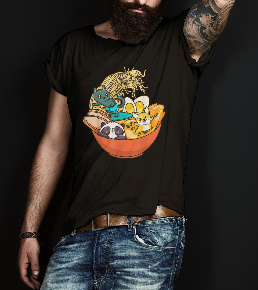 Kawaii Cat Panda Dog Anime Noodle Bowl With Egg And Ramen T-Shirt