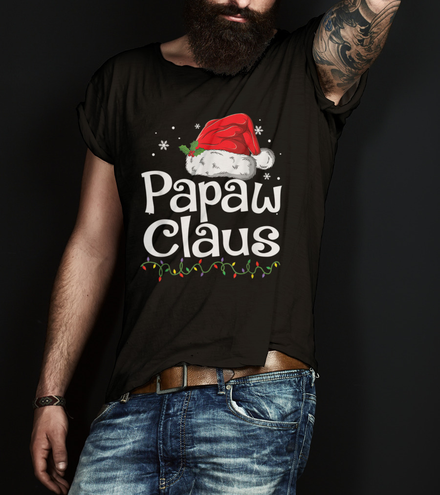 Papaw Claus Christmas Santa Hat With Snowflakes And Holiday Lights T-Shirt