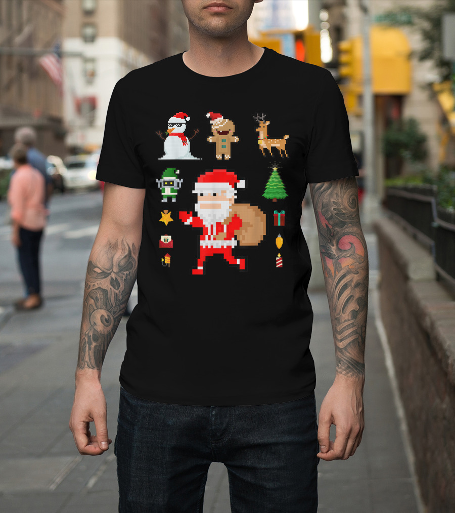 Pixel 8Bit Santa Claus Snowman Gingerbread Reindeer Christmas Tree Gifts Gaming T-Shirt