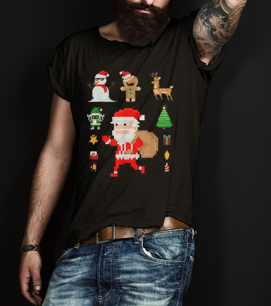 Pixel 8Bit Santa Claus Snowman Gingerbread Reindeer Christmas Tree Gifts Gaming T-Shirt