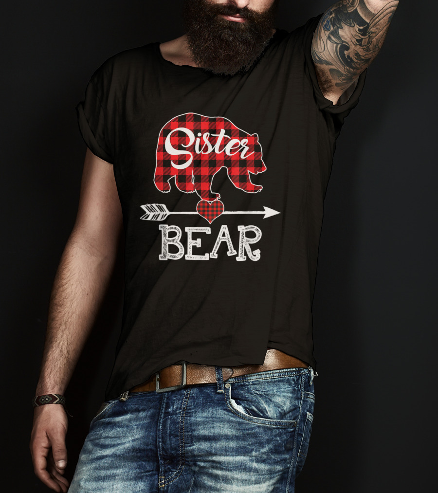 Sister Bear Christmas Red Plaid Buffalo Arrow Heart T-Shirt