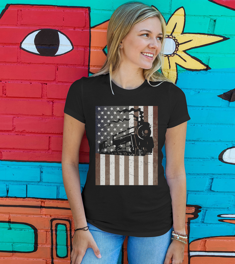 American Flag Steam Train Vintage Model Builder T-Shirt