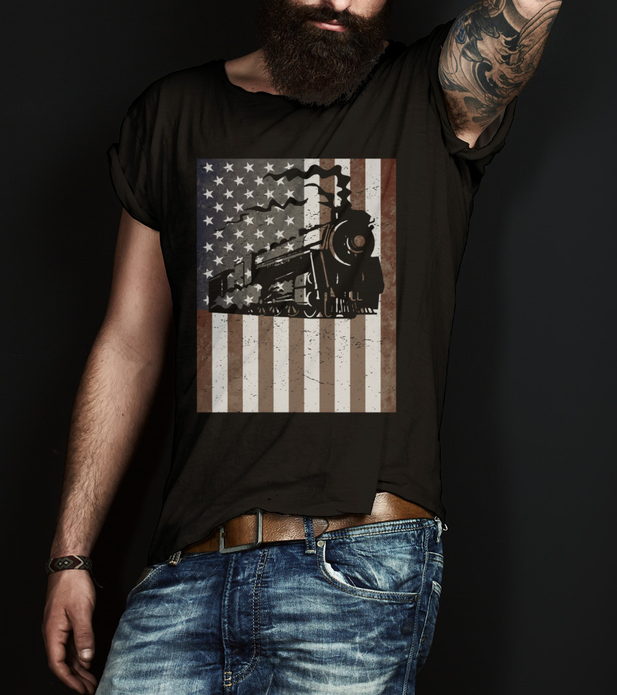 American Flag Steam Train Vintage Model Builder T-Shirt