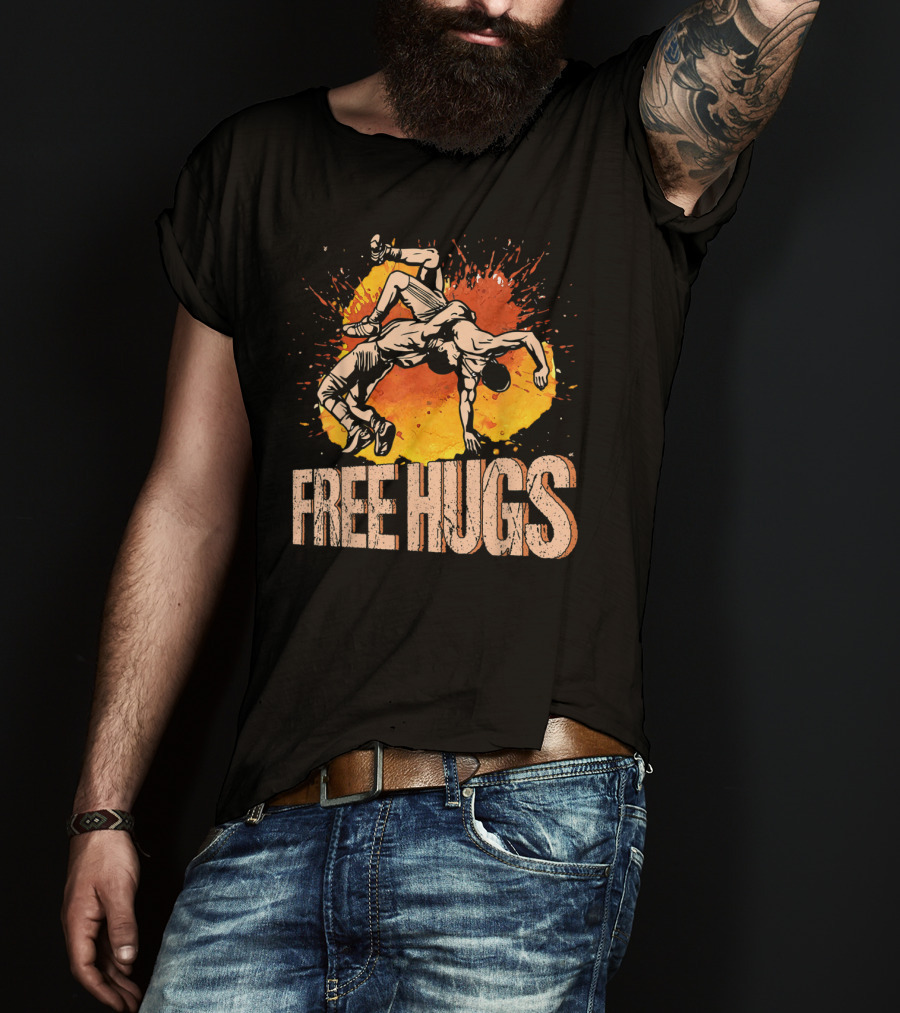 Free Hugs Wrestling Art With Splash Background T-Shirt