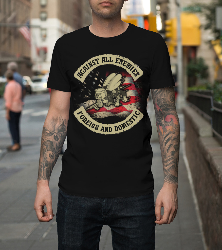 Against All Enemies Foreign And Domestic Vintage Army Bee Usa Flag T-Shirt