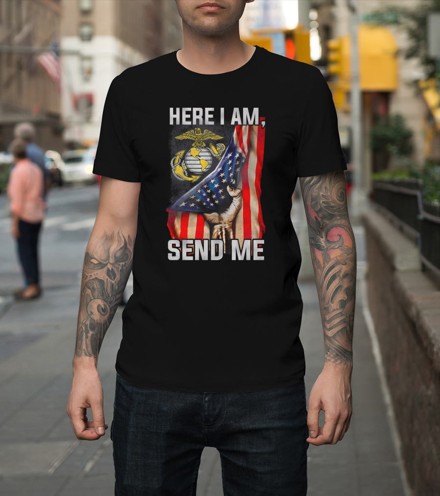 Here I Am Send Me Us Marine Corps American Flag T-Shirt