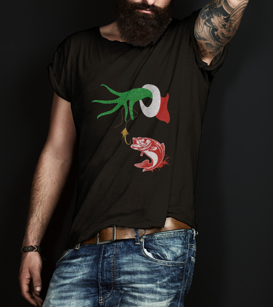 Ginch Christmas Fishing Grinch Hand With Fish Hook And Jumping Fish T-Shirt
