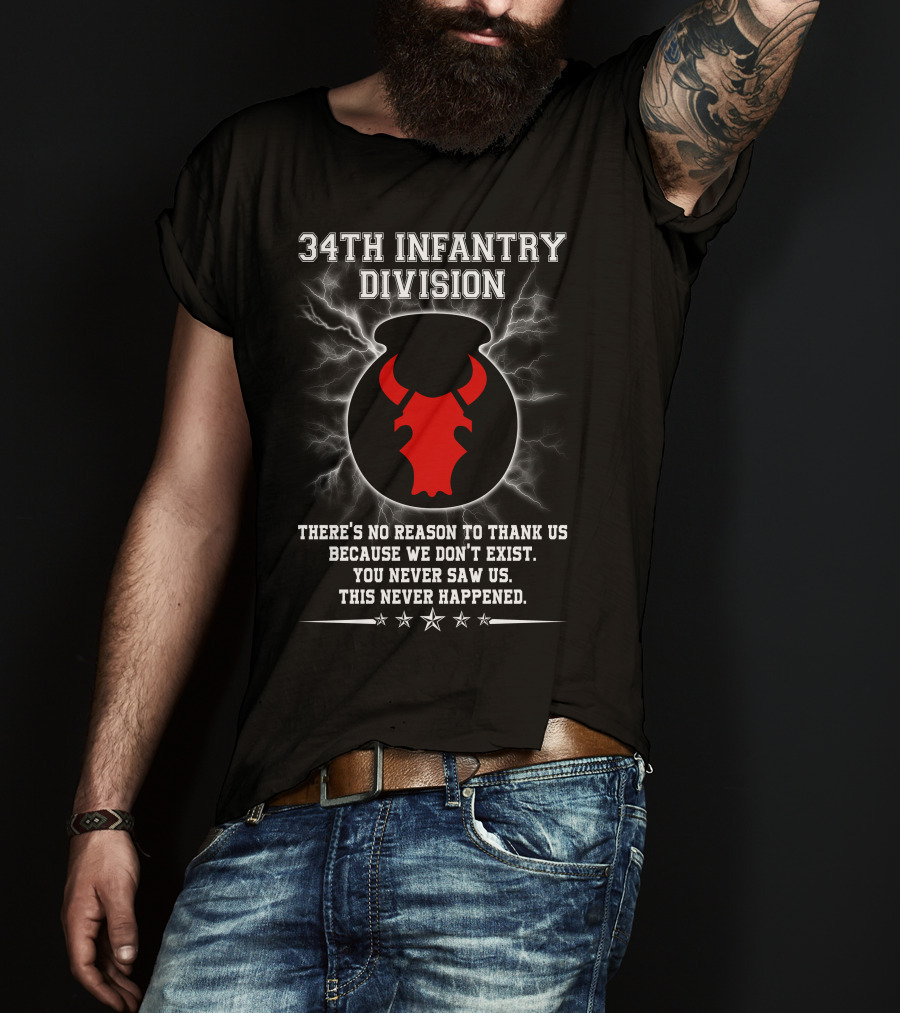 34Th Infantry Division Red Bull Skull With Lightning And Secret Message T-Shirt