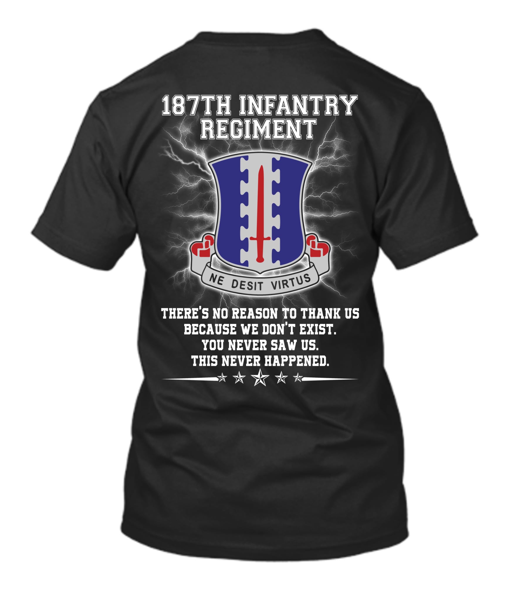 187Th Infantry Regiment Ne Desit Virtus Badge There's No Reason To Thank Us Because We Don't Exist You Never Saw Us This Never Happened T-Shirt
