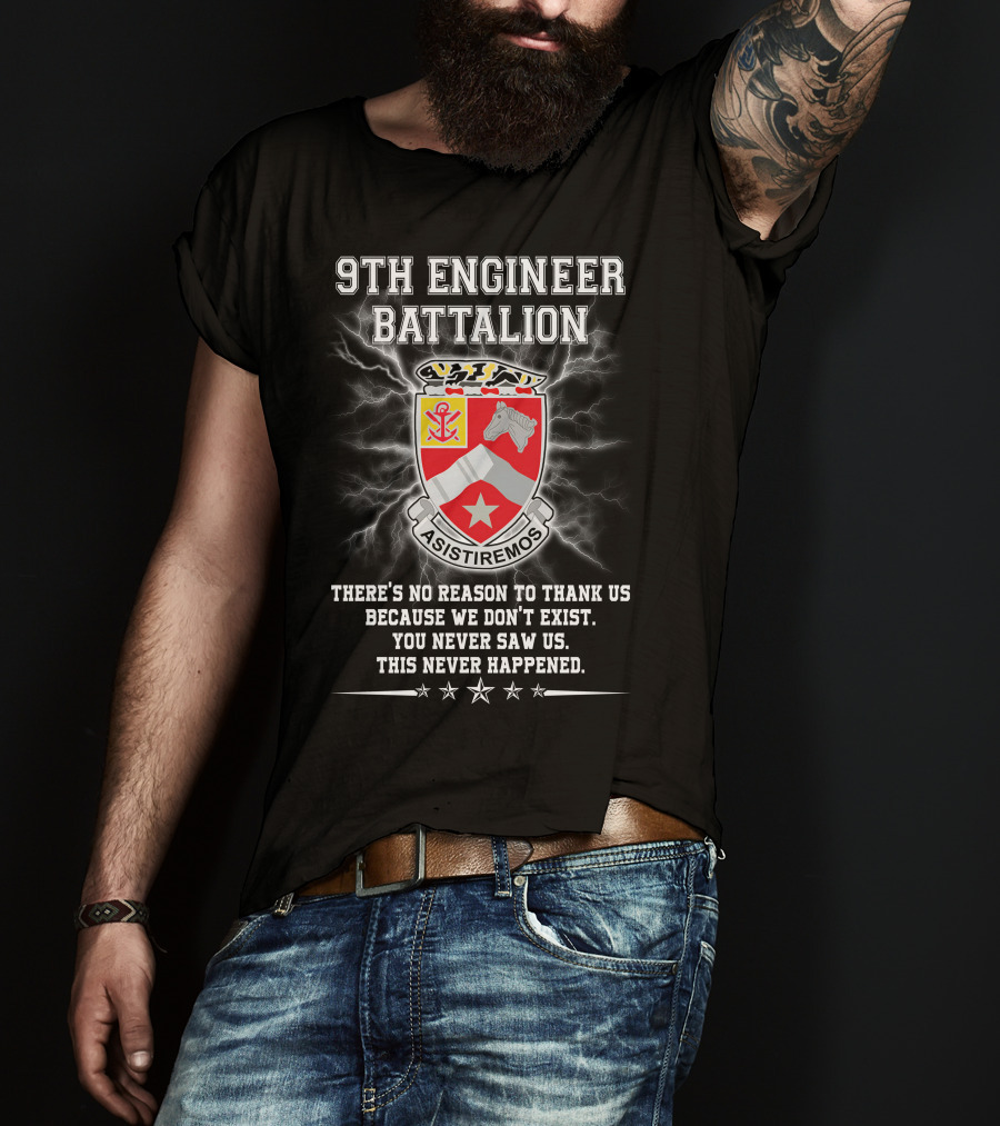9Th Engineer Battalion Asistiremos Coat Of Arms Electric Background Never Happened T-Shirt