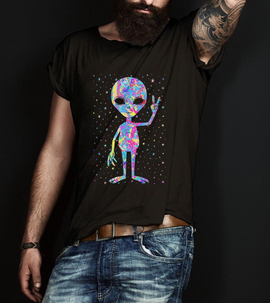1970s Groovy Tie Dye Alien With Peace Sign T-Shirt