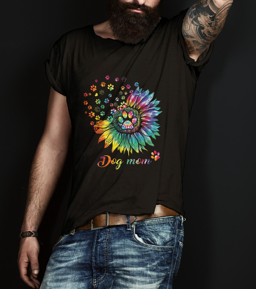 Dog Mom Tie Dye Sunflower With Paw Prints T-Shirt
