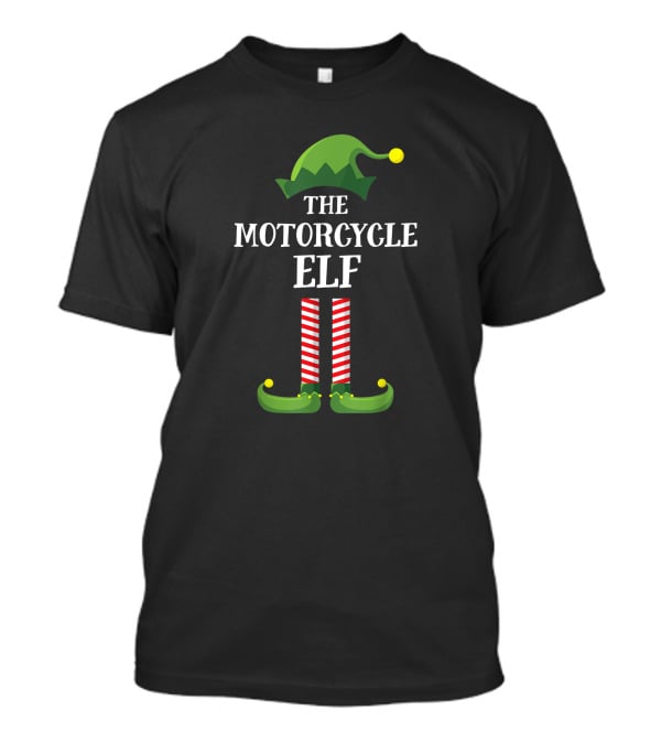 The Motorcycle Elf Green Hat Red Striped Legs Christmas Party Matching Family Group T-Shirt