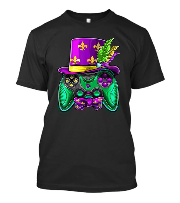 Mardi Gras Fleur-de-Lis Video Game Controller Jester Hat Bow Tie T-Shirt