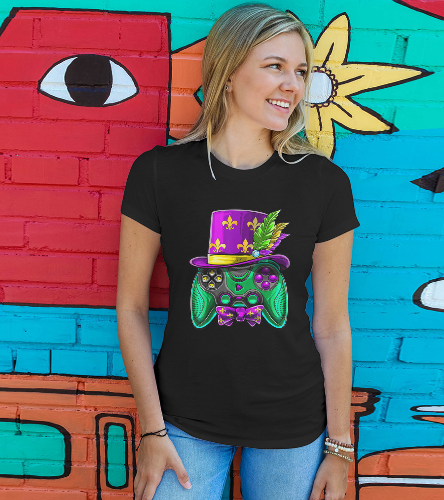 Mardi Gras Fleur-de-Lis Video Game Controller Jester Hat Bow Tie T-Shirt