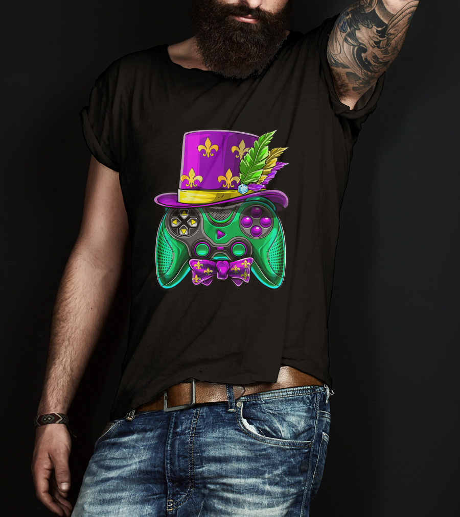 Mardi Gras Fleur-de-Lis Video Game Controller Jester Hat Bow Tie T-Shirt