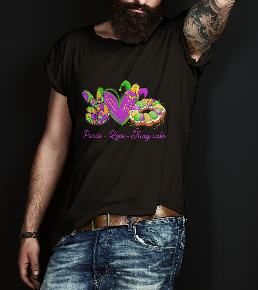 Peace Love King Cake Funny Mardi Gras Party Carnival Icons T-Shirt
