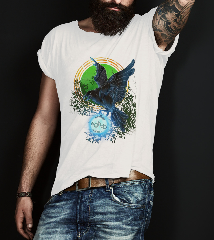 Pointcrow Raven Orb Enigma With Rings And Foliage T-Shirt