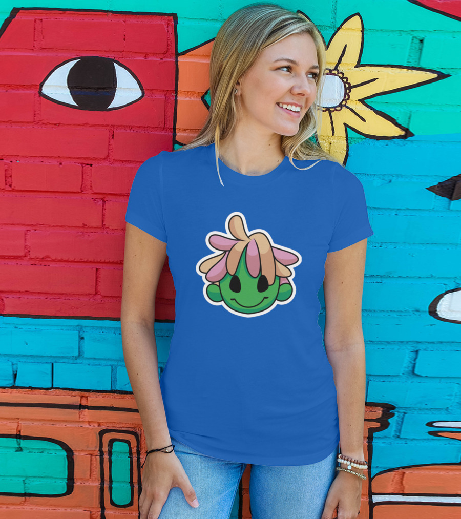 Joko's World Green Smiling Character Face With Pink And Beige Hair T-Shirt