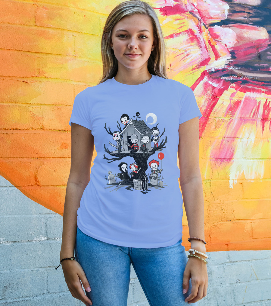 Horror Icons Treehouse Adventure With Scream Mask T-Shirt