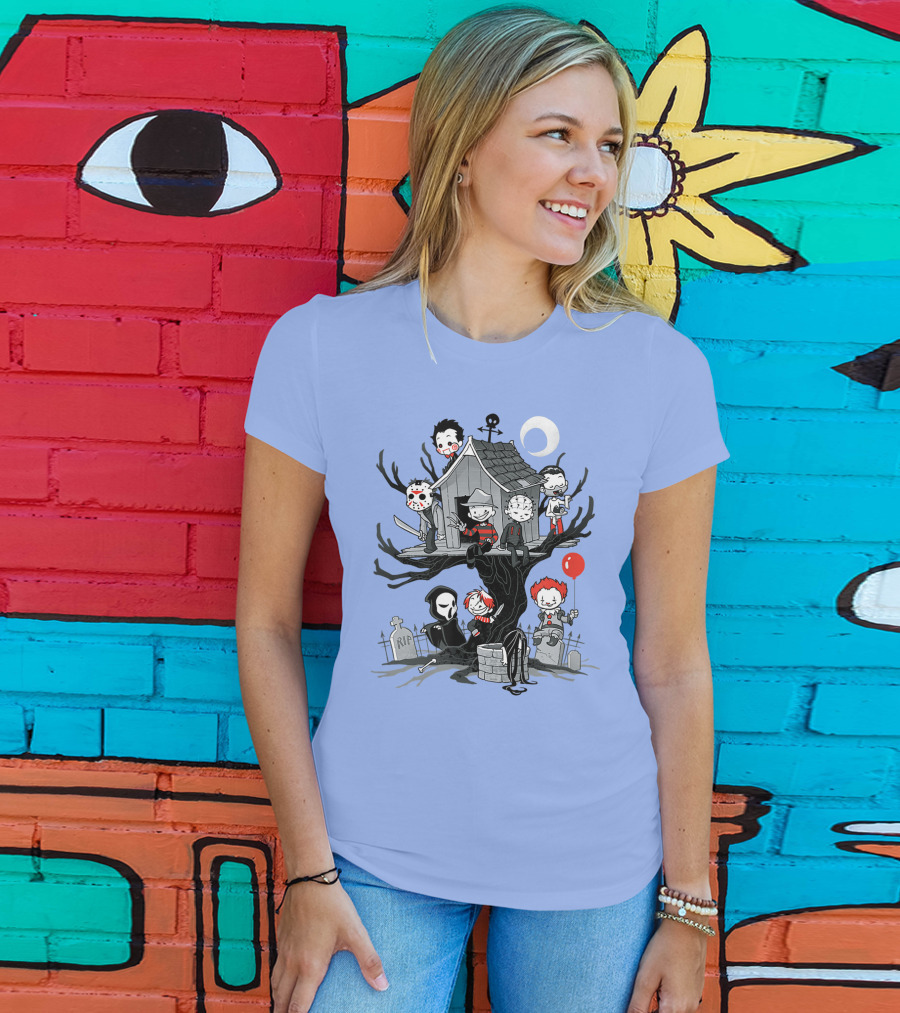 Horror Icons Treehouse Adventure With Scream Mask T-Shirt