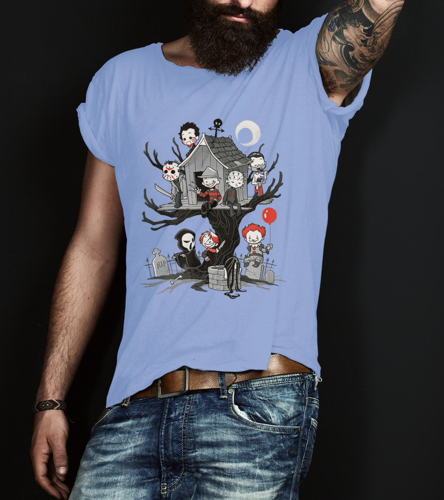 Horror Icons Treehouse Adventure With Scream Mask T-Shirt