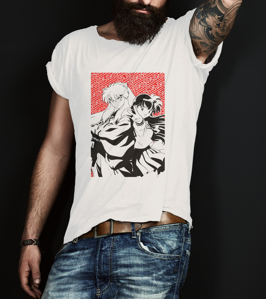 Inuyasha Kagome Classic Anime Style Red Pattern Background T-Shirt