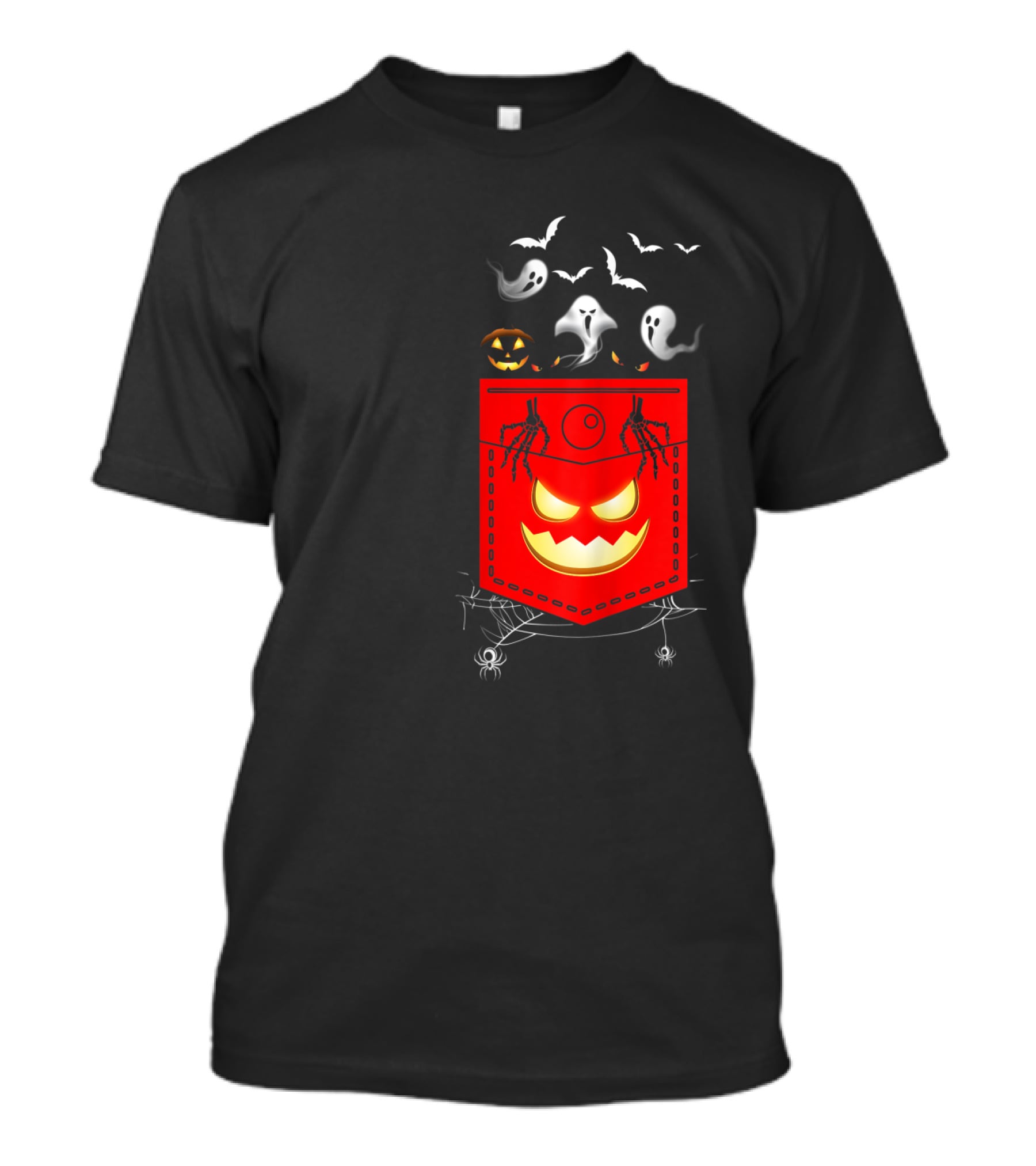 Halloween Costume Ghosts Peeking Pocket Pumpkin Bats Skeleton Spiders T-Shirt