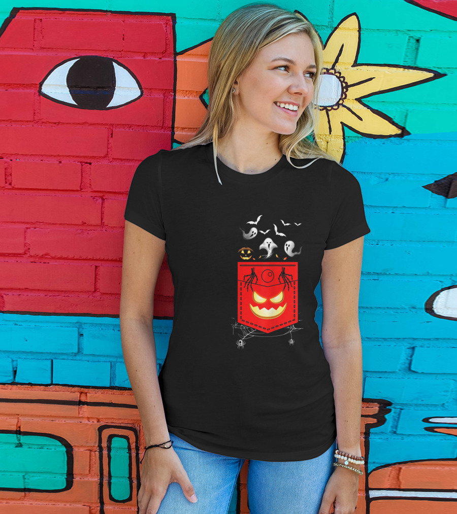 Halloween Costume Ghosts Peeking Pocket Pumpkin Bats Skeleton Spiders T-Shirt