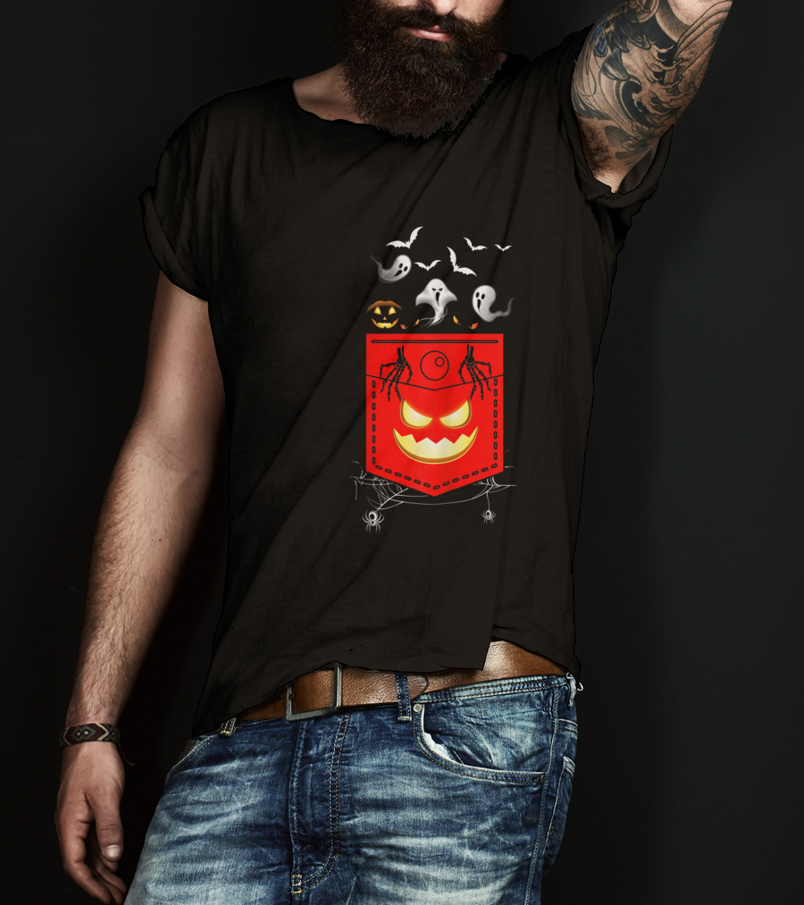 Halloween Costume Ghosts Peeking Pocket Pumpkin Bats Skeleton Spiders T-Shirt