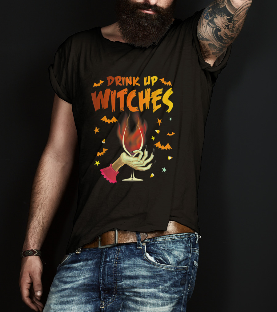 Drink Up Witches Halloween Witch Hand Wine Glass Bat Candy Corn T-Shirt