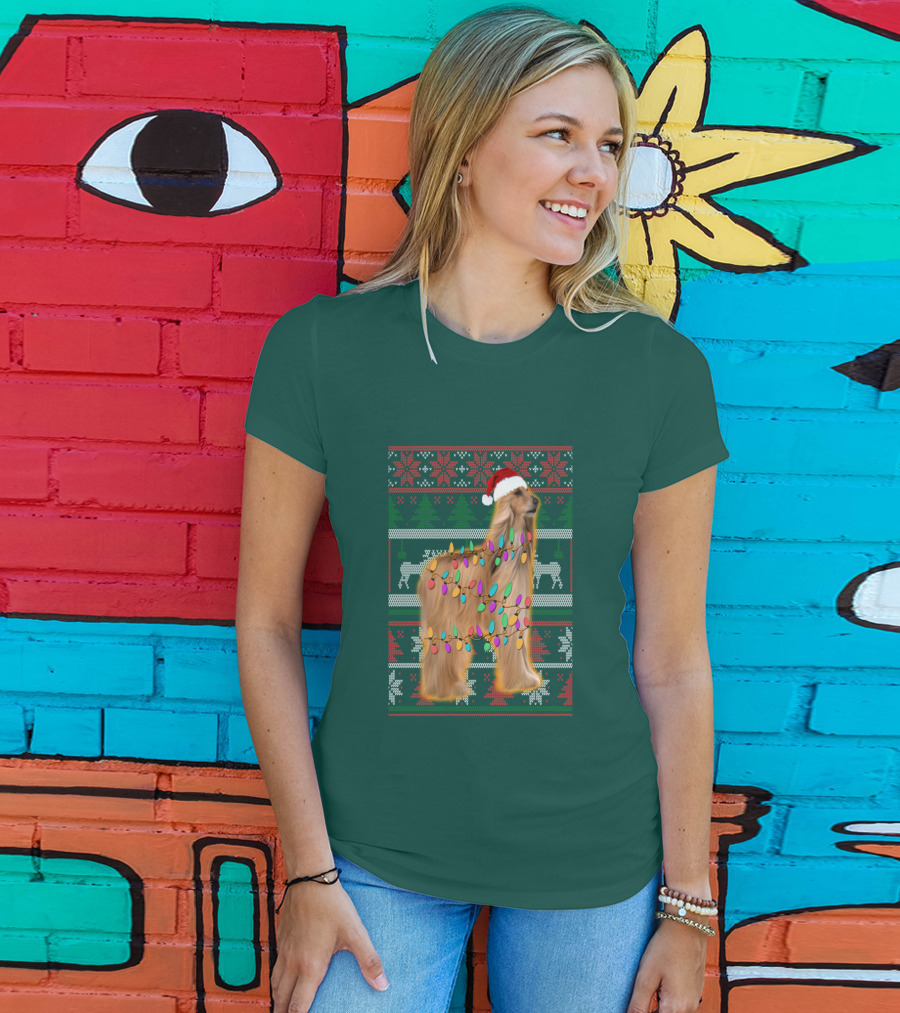 Afghan Hound Christmas Lights Santa Hat Ugly T-Shirt