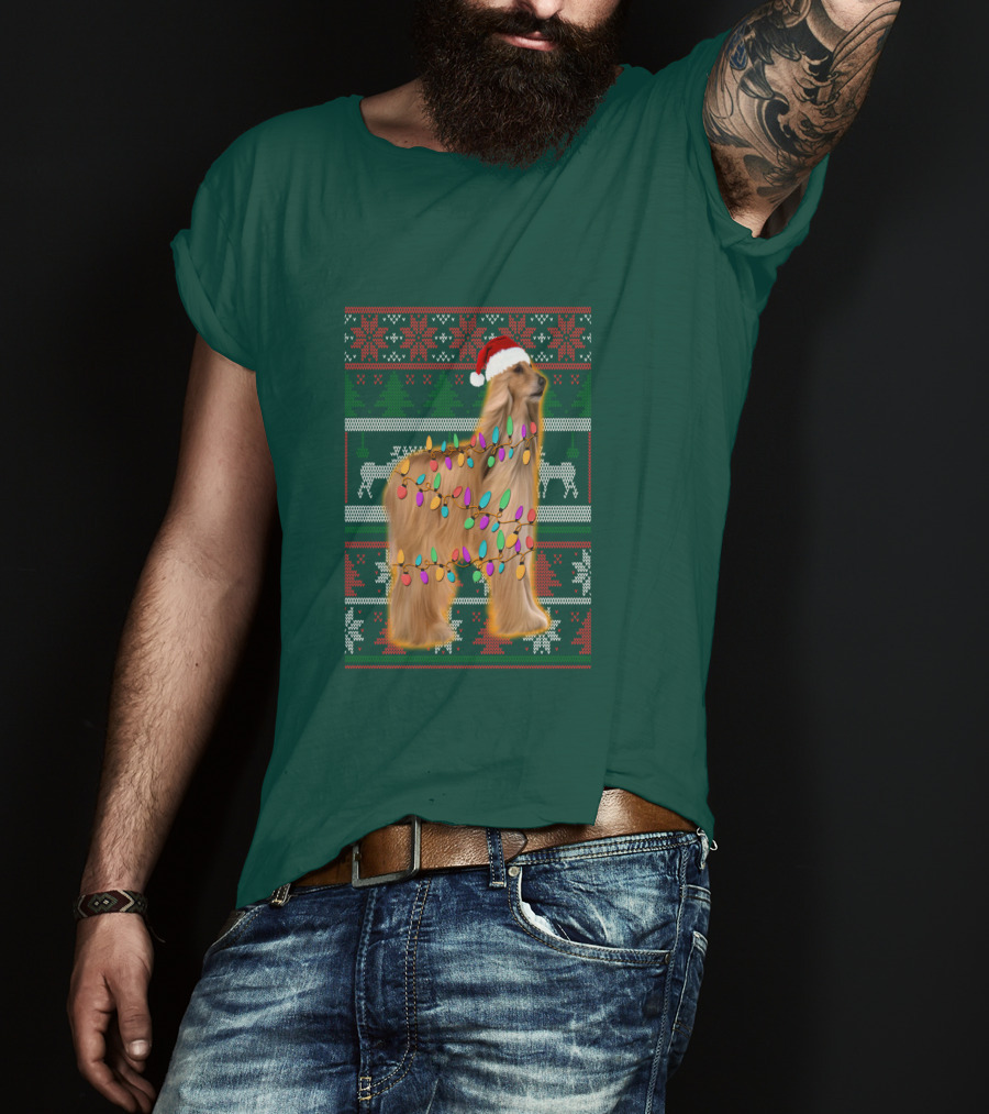 Afghan Hound Christmas Lights Santa Hat Ugly T-Shirt