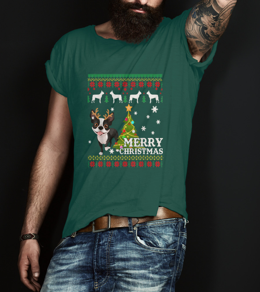 Merry Christmas Boston Terrier Holiday T-Shirt