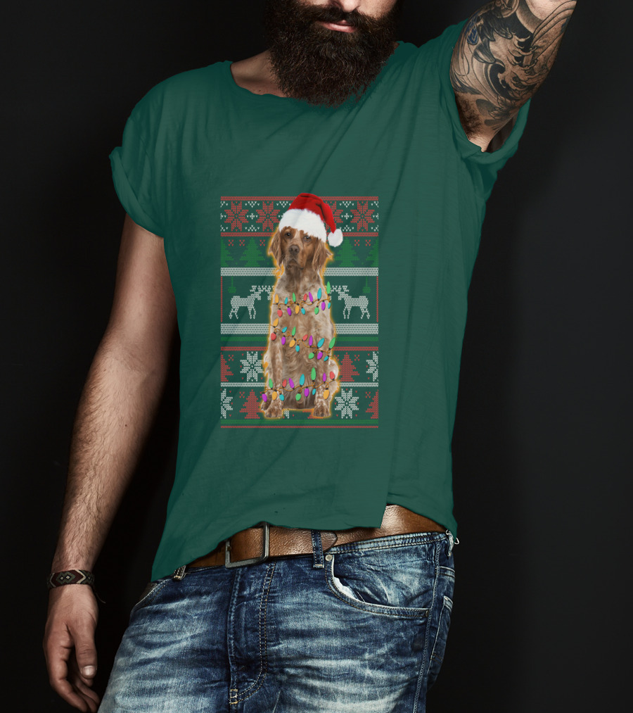Brittany Dog Santa Hat Christmas Lights And Reindeer Snowflakes T-Shirt