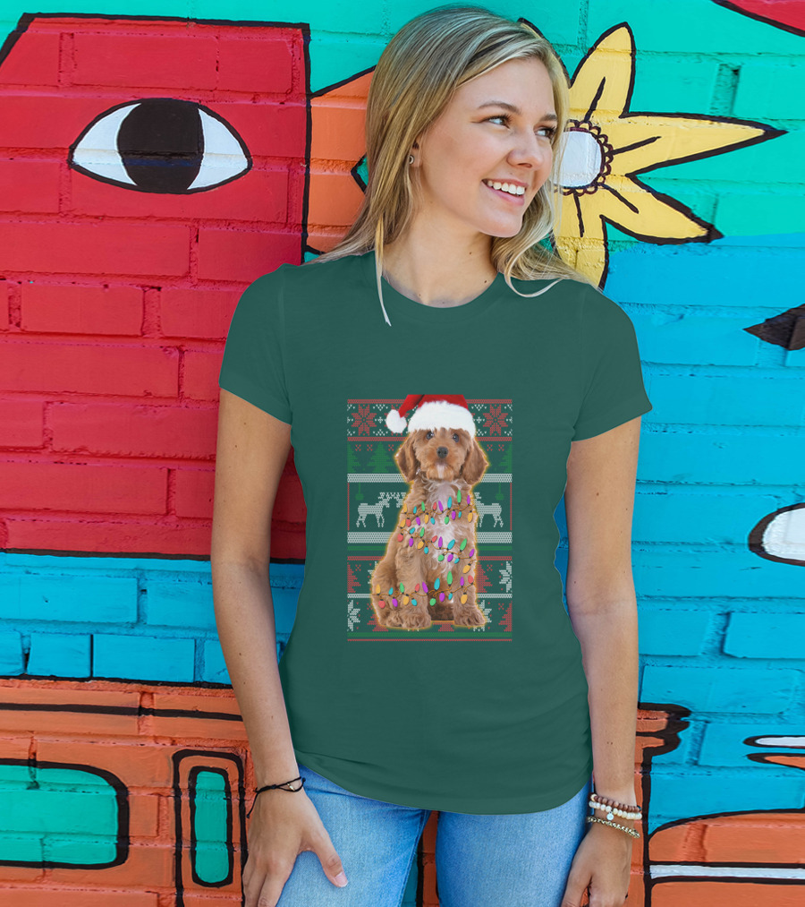 Cockapoo Santa Hat Christmas Lights Reindeer Ugly T-Shirt