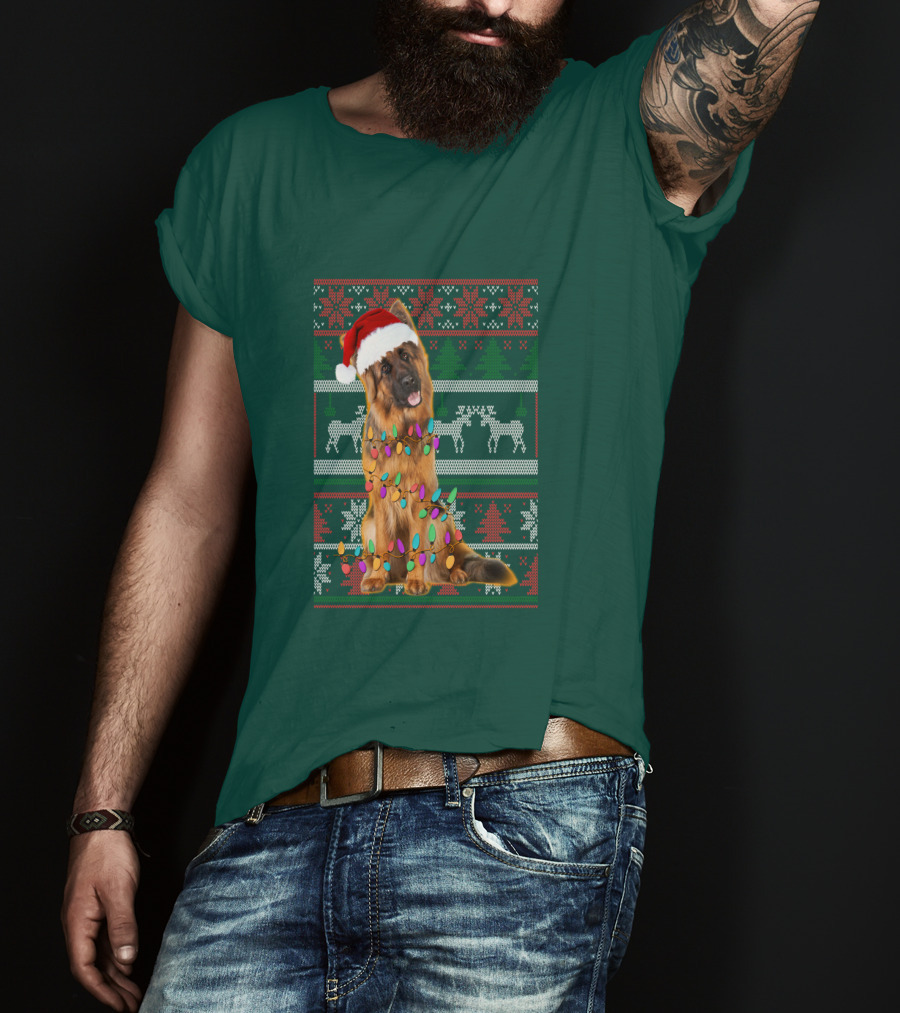 German Shepherd Santa Hat Christmas Lights Ugly Sweater Reindeer T-Shirt
