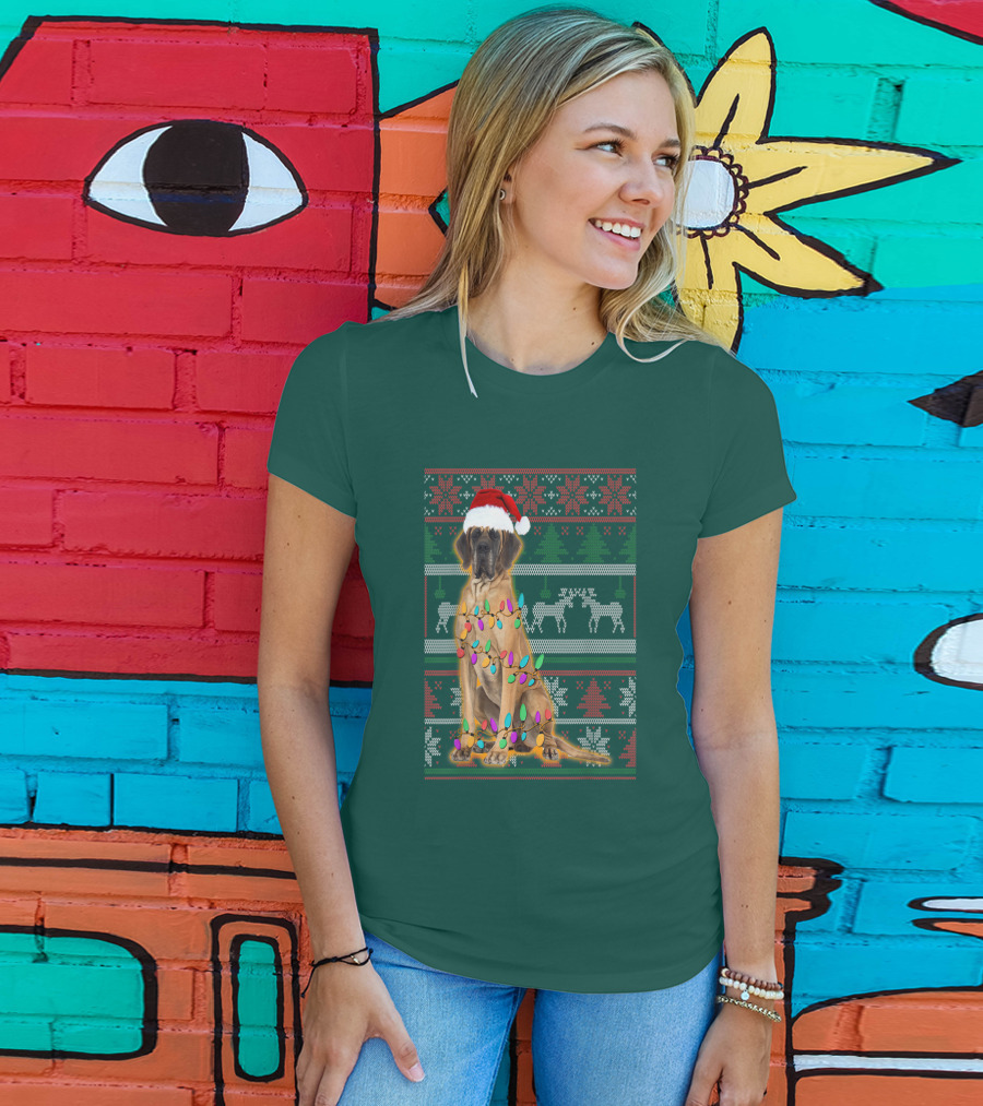 Great Dane Christmas Santa Hat Lights Reindeer Holiday T-Shirt
