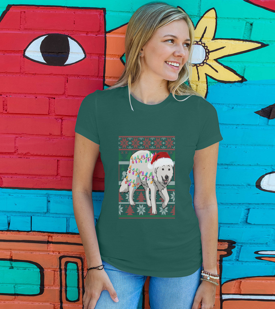 Great Pyrenees Christmas Lights And Santa Hat Holiday T-Shirt