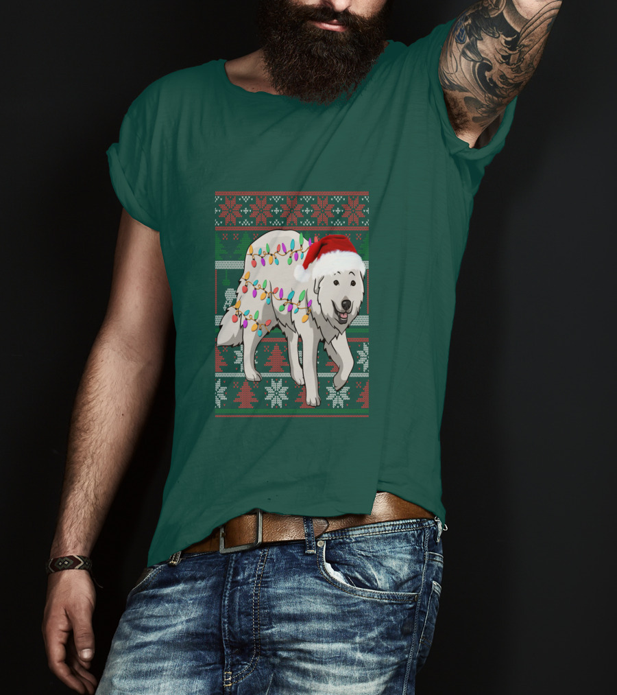Great Pyrenees Christmas Lights And Santa Hat Holiday T-Shirt