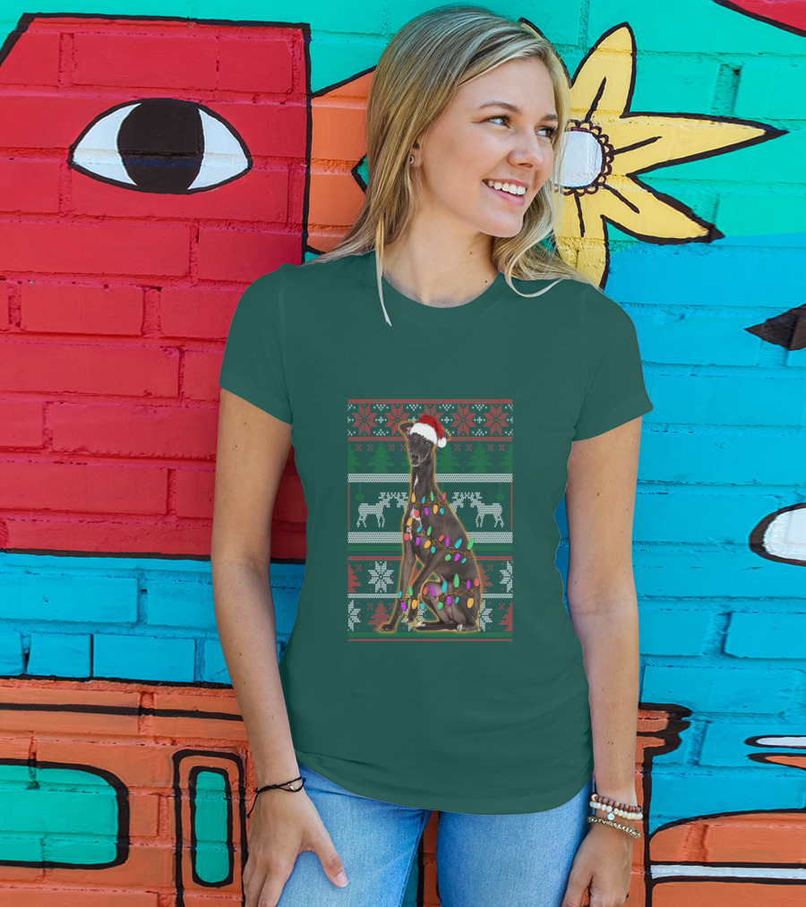 Greyhound Christmas Santa Hat And Lights Ugly T-Shirt